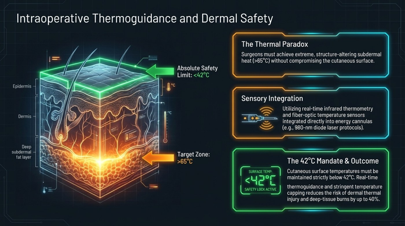 Slide from the energy-assisted lipolysis deck titled 'Intraoperative Thermoguidance and Dermal Safety', showing a labelled cross-section of epidermis, dermis and deep subdermal fat layer with an absolute surface safety limit below 42 °C, a deep subdermal target zone above 65 °C, and panels on sensory integration and the 42 °C mandate