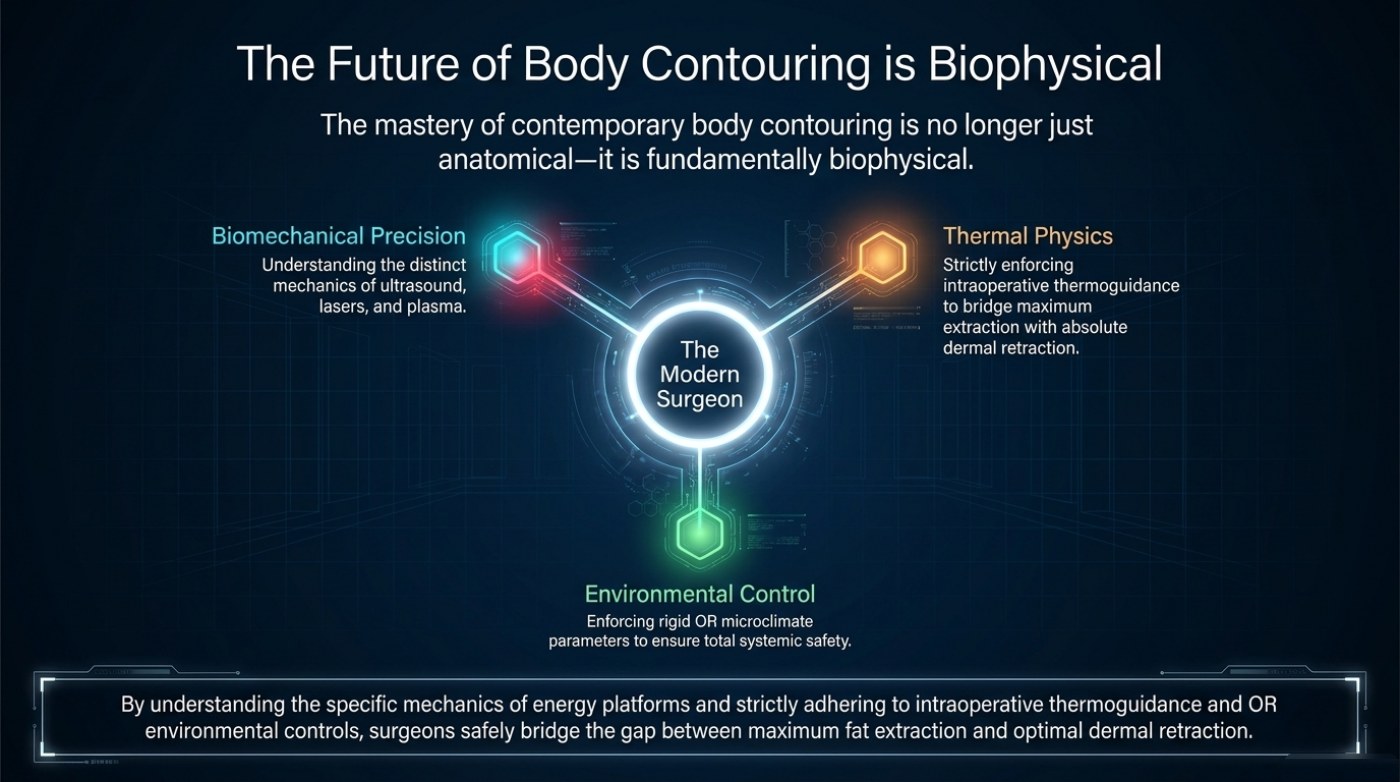 Closing slide from the energy-assisted lipolysis deck titled 'The Future of Body Contouring is Biophysical', showing the modern surgeon at the centre with three connected disciplines labelled biomechanical precision, thermal physics and environmental control, plus a closing statement about bridging maximum fat extraction and optimal dermal retraction
