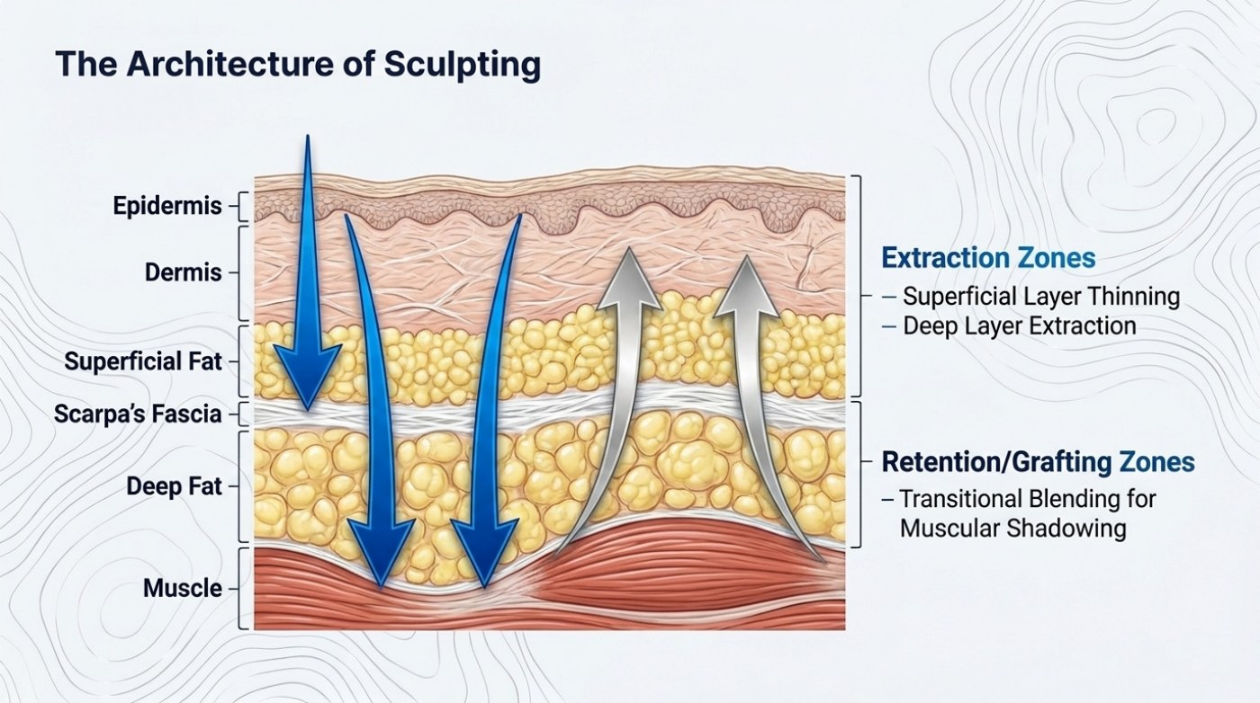 Cross-section diagram slide titled The Architecture of Sculpting, labelling epidermis, dermis, superficial fat, Scarpa's fascia, deep fat and muscle, with extraction zone and retention and grafting zone brackets on the right