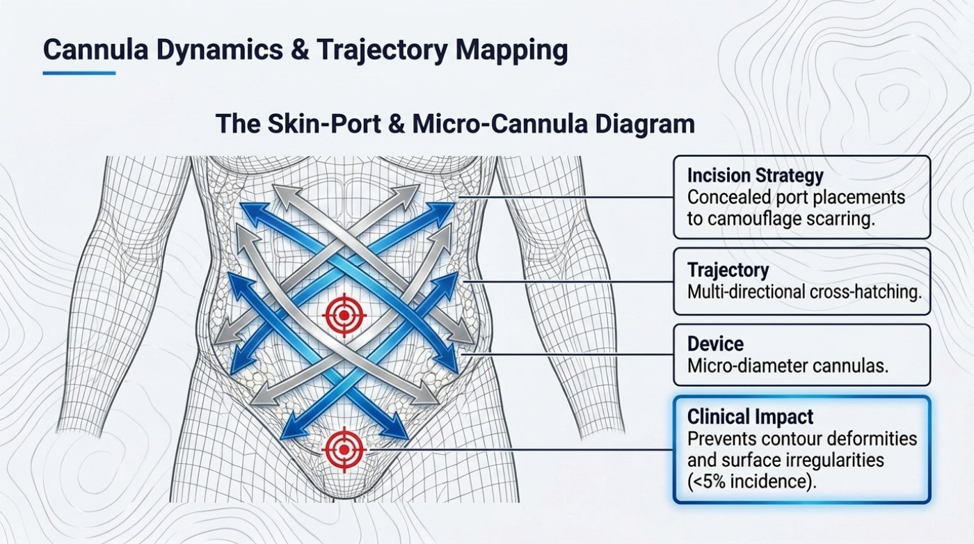 Slide titled Cannula Dynamics and Trajectory Mapping, showing a cross-hatched pattern of blue and grey cannula trajectories radiating across a wireframe torso with a target marker on the abdomen, beside four labelled callout boxes