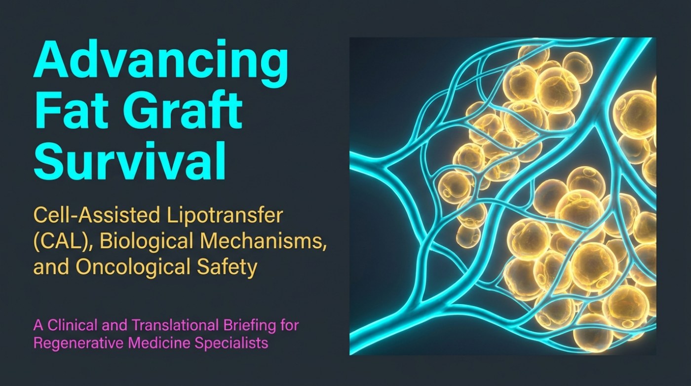 Cover slide of a clinical briefing on fat graft survival: the title Advancing Fat Graft Survival above the subtitle Cell-Assisted Lipotransfer, Biological Mechanisms and Oncological Safety, beside an illustration of fat cells threaded through a branching blue capillary network