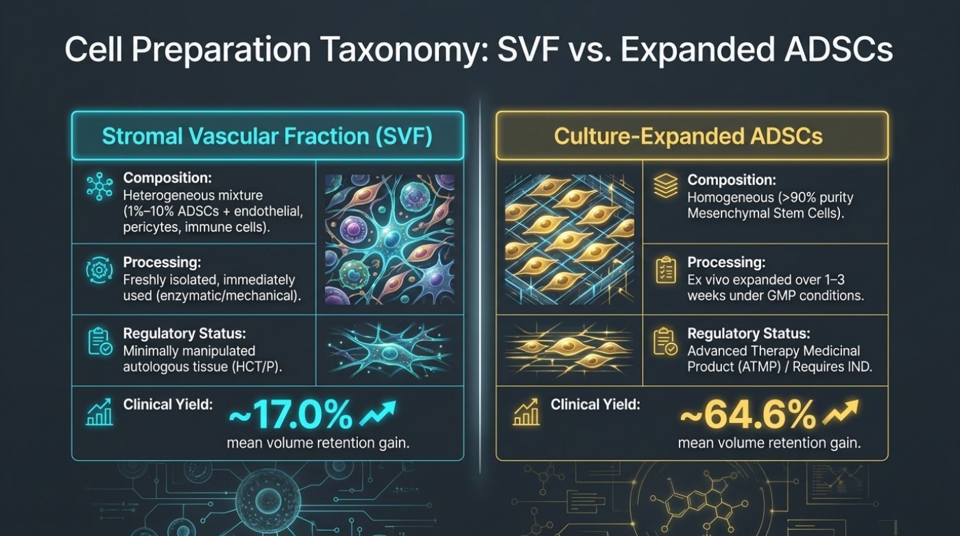 Slide titled Cell Preparation Taxonomy: SVF vs. Expanded ADSCs comparing two columns - stromal vascular fraction, a heterogeneous mixture containing 1-10% adipose-derived stem cells used freshly isolated with an approximately 17.0% mean volume retention gain, against culture-expanded ADSCs grown over 1-3 weeks with an approximately 64.6% gain