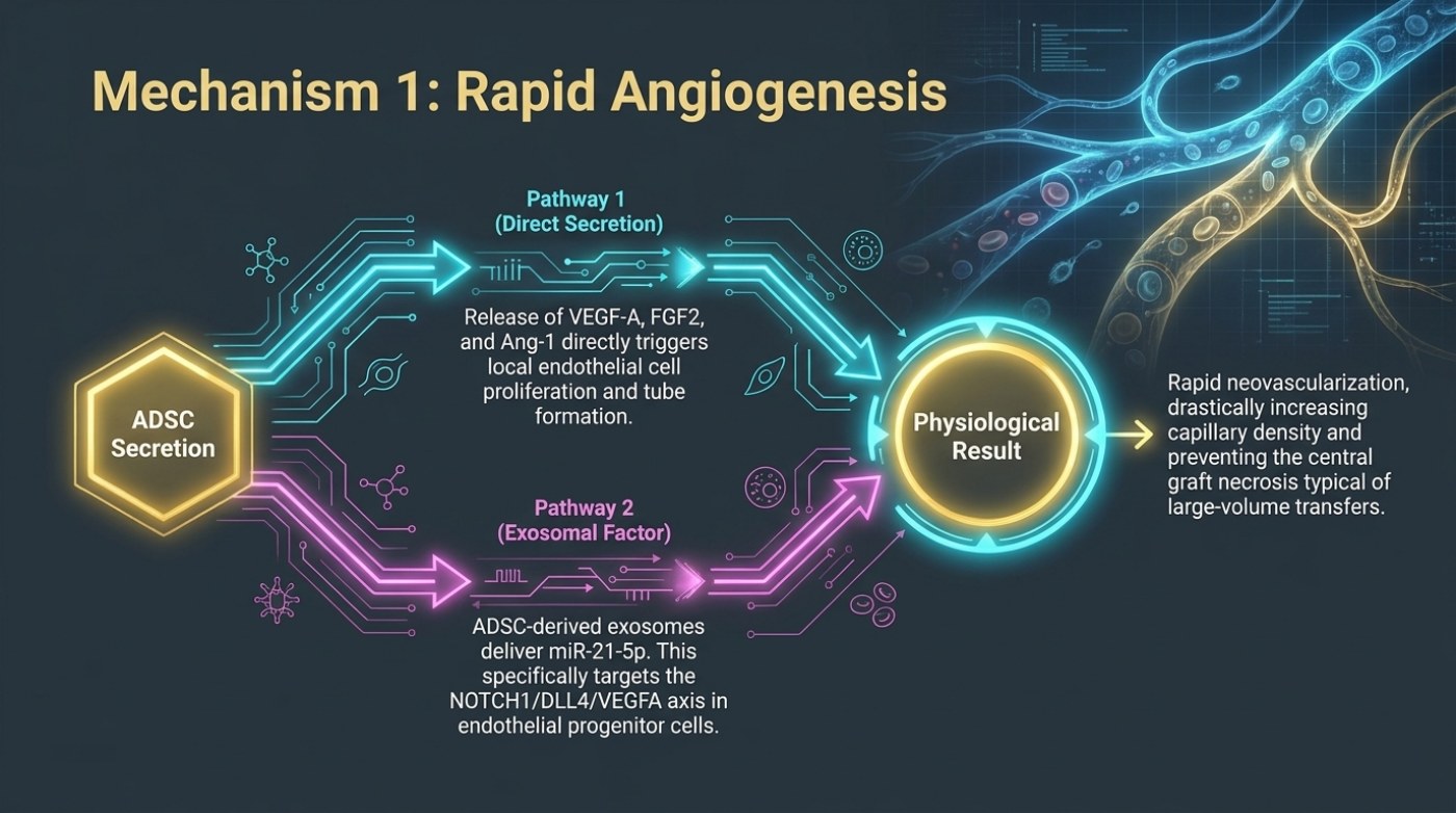 Slide titled Mechanism 1: Rapid Angiogenesis, showing an ADSC secretion node branching into a direct-secretion pathway releasing VEGF-A, FGF2 and Ang-1 and an exosomal pathway delivering miR-21-5p to the NOTCH1/DLL4/VEGFA axis, both converging on a physiological result of higher capillary density