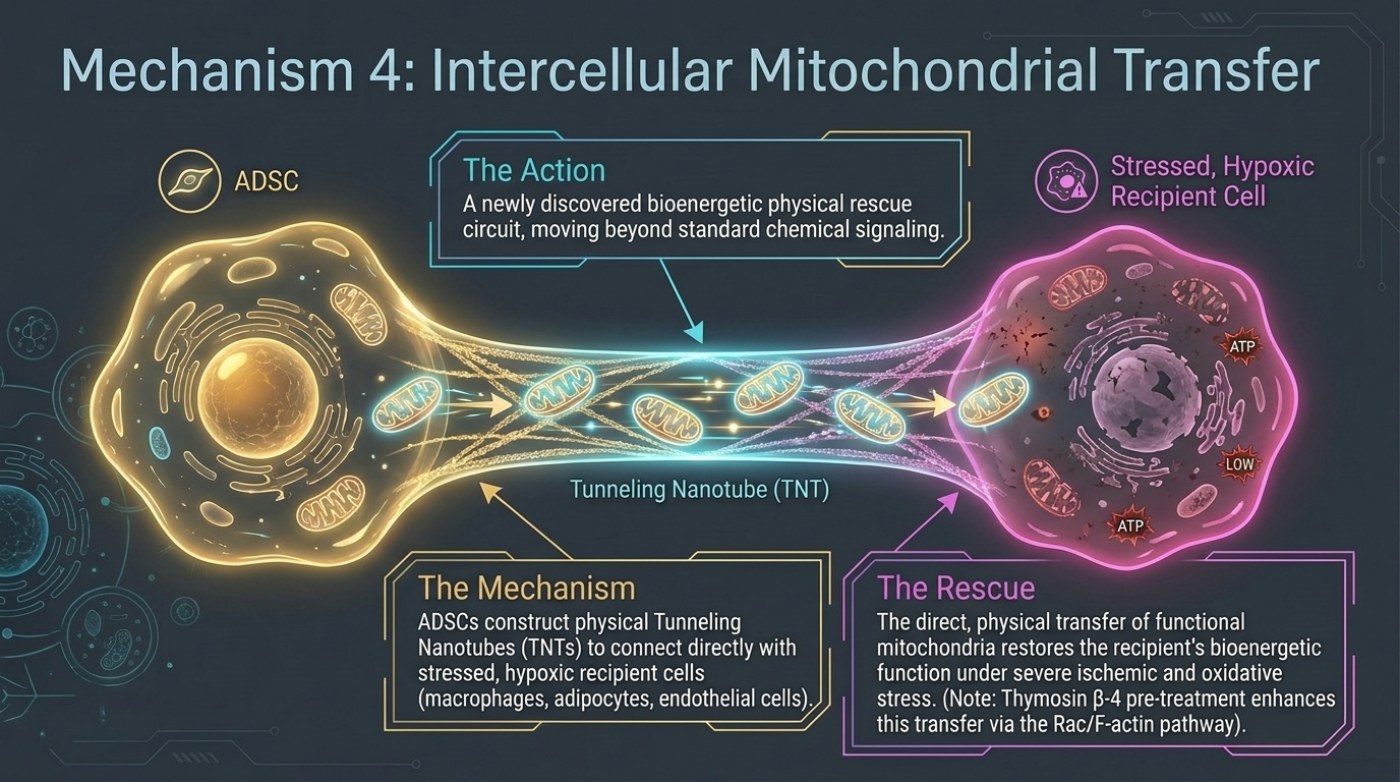 Slide titled Mechanism 4: Intercellular Mitochondrial Transfer, showing an ADSC linked to a stressed hypoxic recipient cell by a tunnelling nanotube, with mitochondria shown passing along the bridge and ATP levels on the recipient side marked low