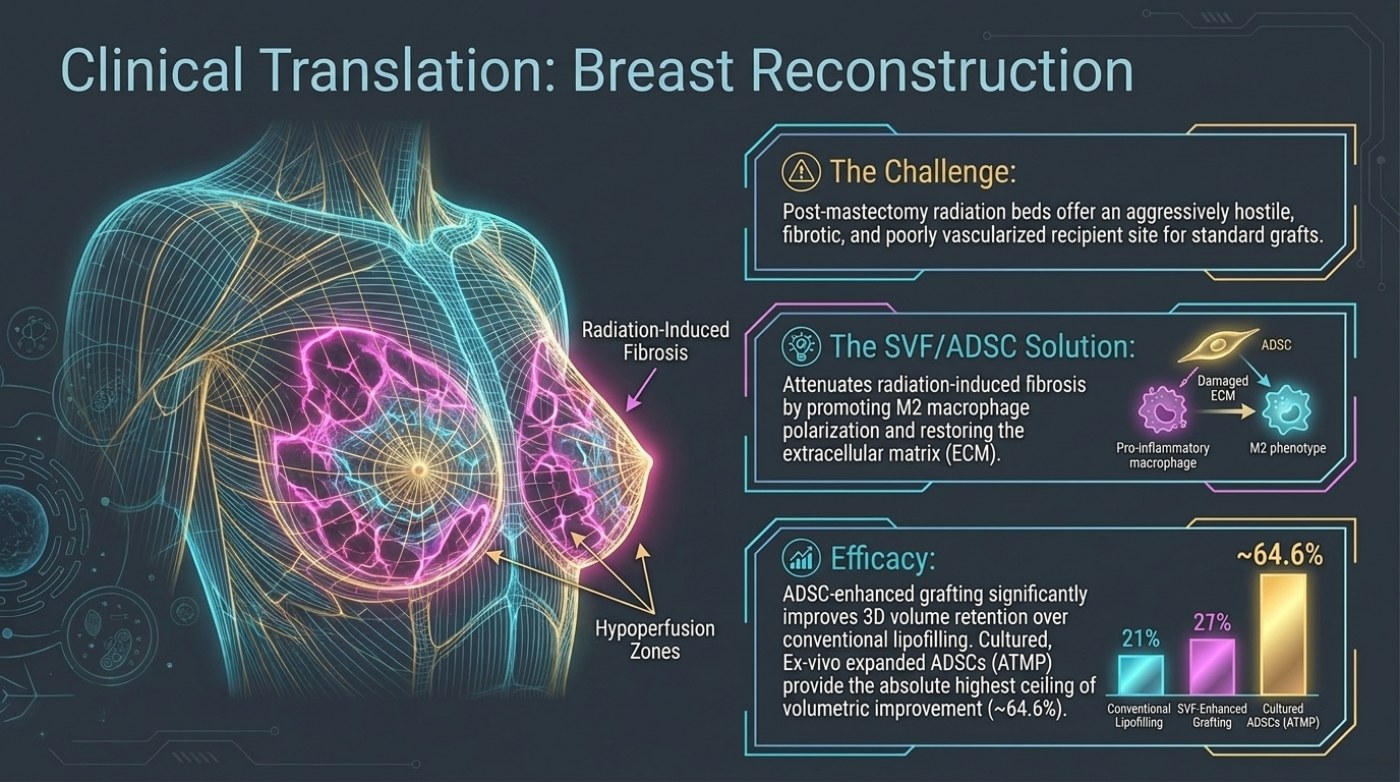 Slide titled Clinical Translation: Breast Reconstruction, showing a wireframe torso with radiation-induced fibrosis and hypoperfusion zones marked on the chest, beside panels headed The Challenge, The SVF/ADSC Solution and Efficacy, with a bar chart reporting 21% for conventional lipofilling, 27% for SVF-enhanced grafting and about 64.6% for cultured ADSCs (ATMP)