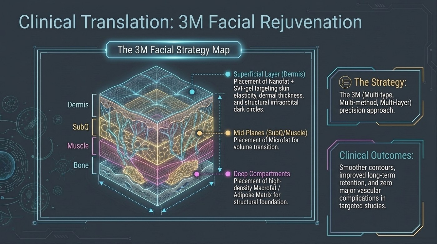 Slide 11: the 3M facial strategy map showing nanofat and SVF-gel placed in the dermis, microfat in the subcutaneous and muscle planes, and high-density Macrofat or adipose matrix in the deep compartments resting on bone