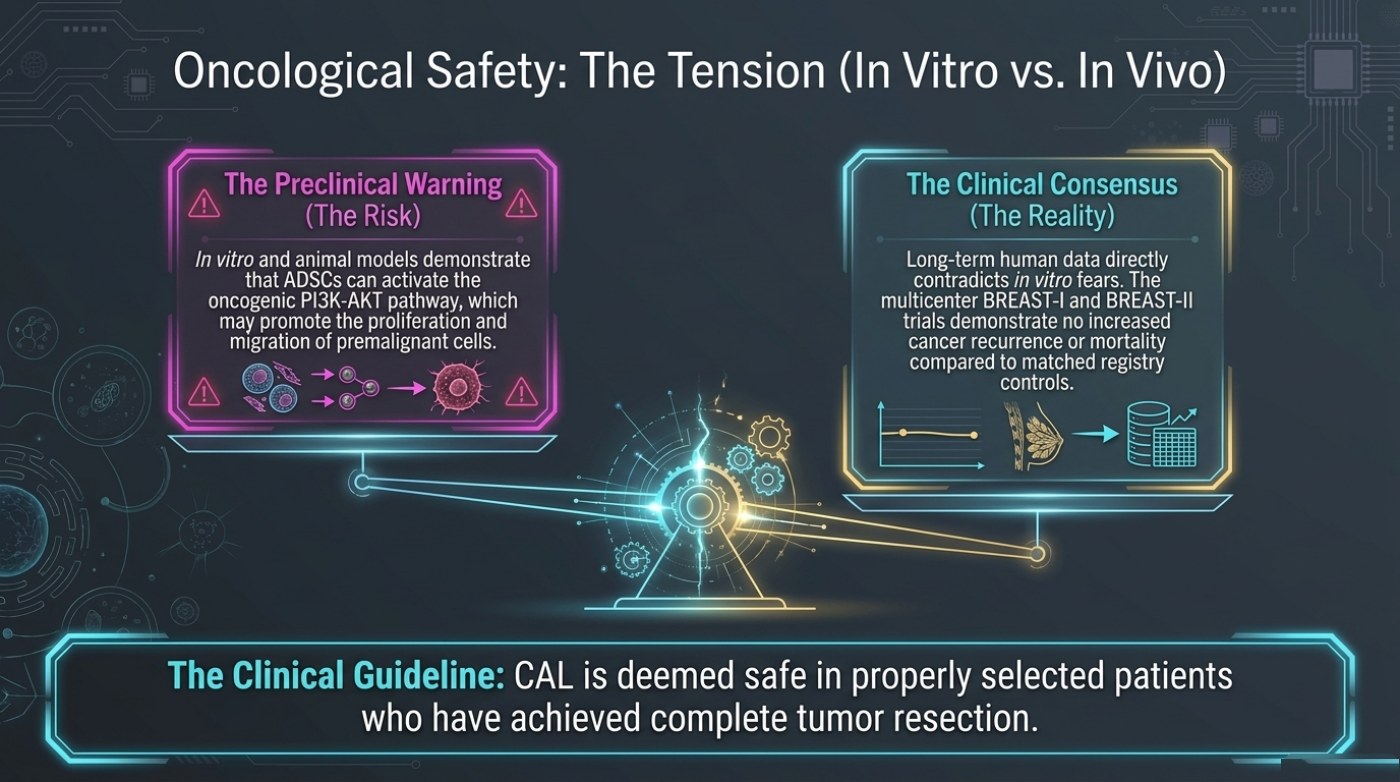 Slide 13: two facing panels on oncological safety, the preclinical warning describing ADSC activation of the PI3K-AKT pathway in vitro, and the clinical consensus describing BREAST-I and BREAST-II trial findings against matched registry controls