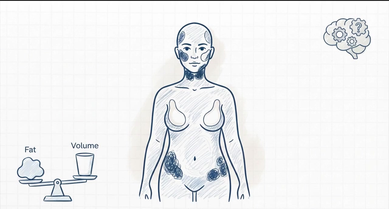 Illustration of body contour changes after medication-driven weight loss, with volume loss and residual fat deposits marked